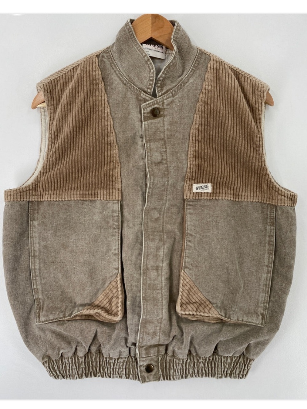 GUESS BY MARCIANO VINTAGE TWO TONE CORDUROY ACID WASH VEST-M-UNISEX-TAN-POCKETS